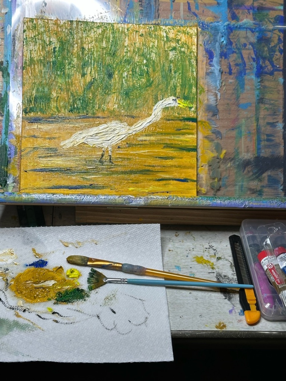 White Egret Canvas Painting in White and Green